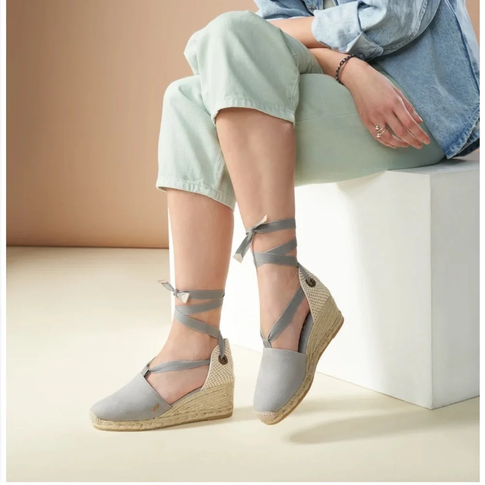Viscata Barcelona Escala Canvas Espadrille Wedges Grey Ankle Tie Up Women US 10